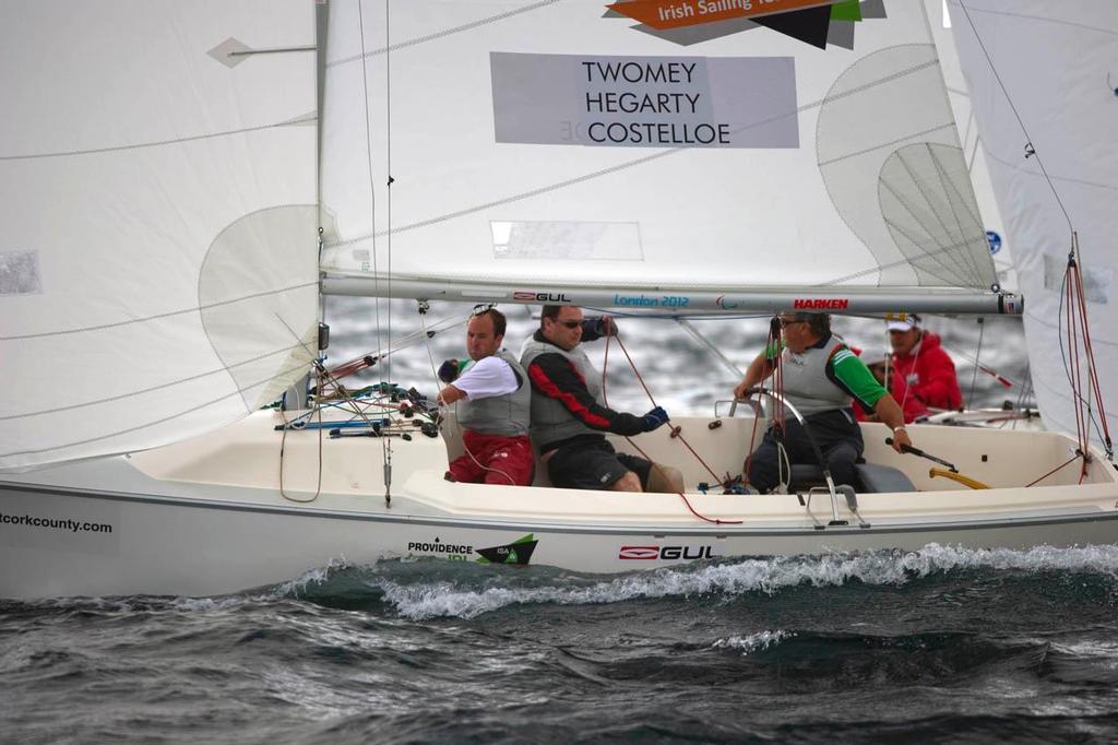 Ireland’s John Twomey, Anthony Hegarty and Ian Costelloe in the Sonar class IFDS /Cork County Council World Paralympic Sailing Championships off Old Head of Kinsale yest. © Provision Photography http://www.provisionphotography.com/